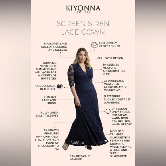 Kiyonna Nocturnal Navy Maxi Screen Siren Lace Formal Evening Gown Size 2X(18-20) - Picture 16 of 16